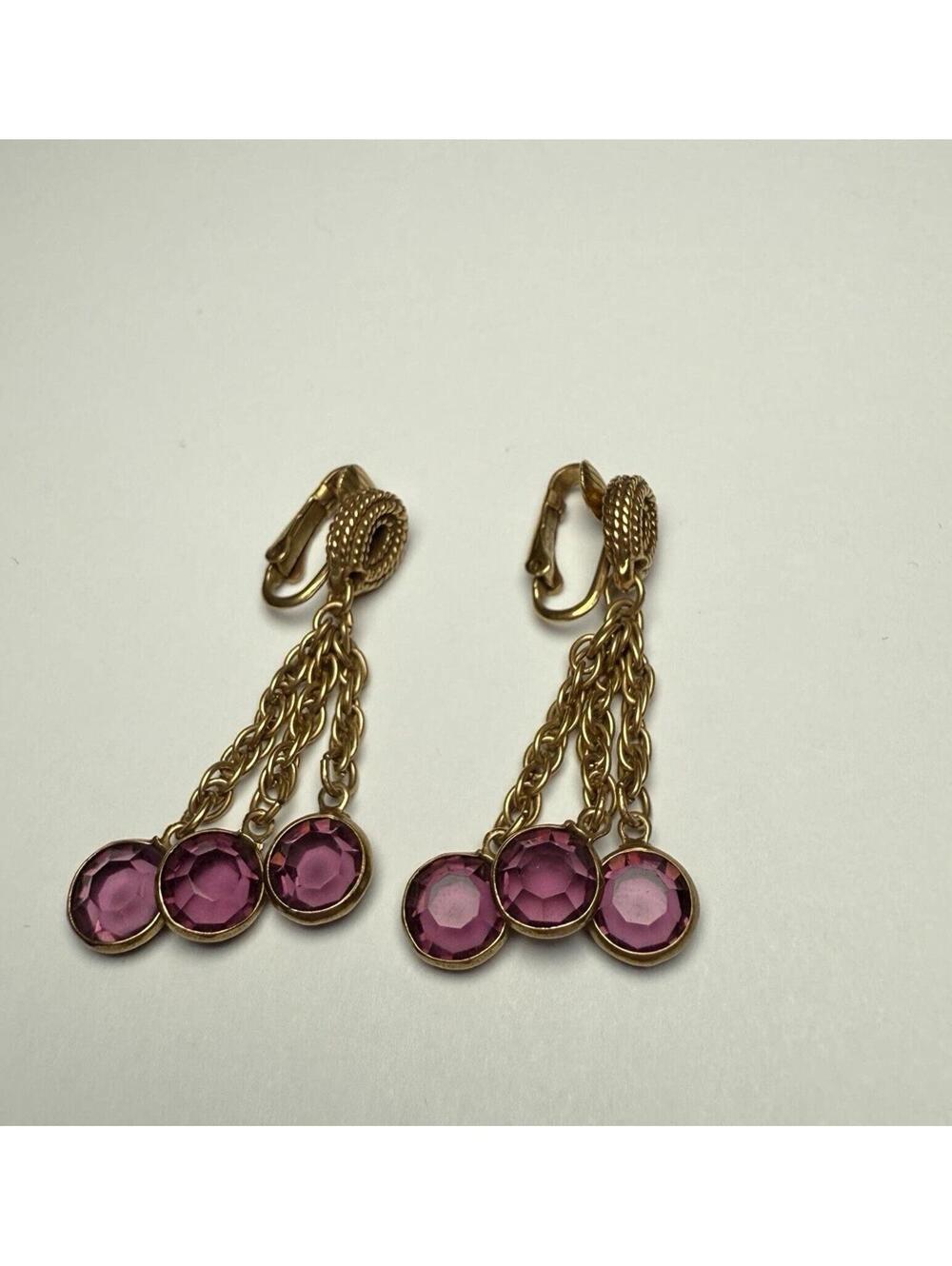 Goldette Purple Crystal 3 Chain Cascade Dangle Drop Earrings Clip-on Gold Tone